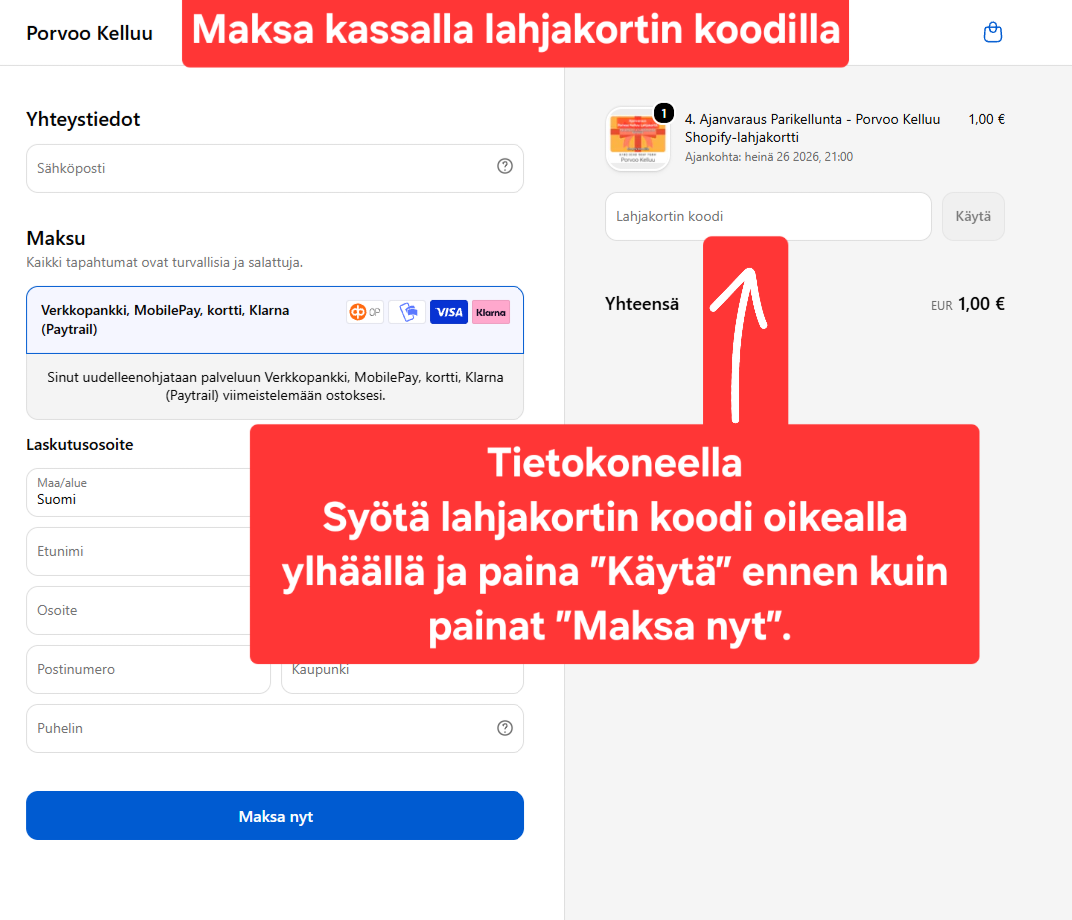 4. Ajanvaraus Parikellunta - Porvoo Kelluu Shopify-lahjakortti