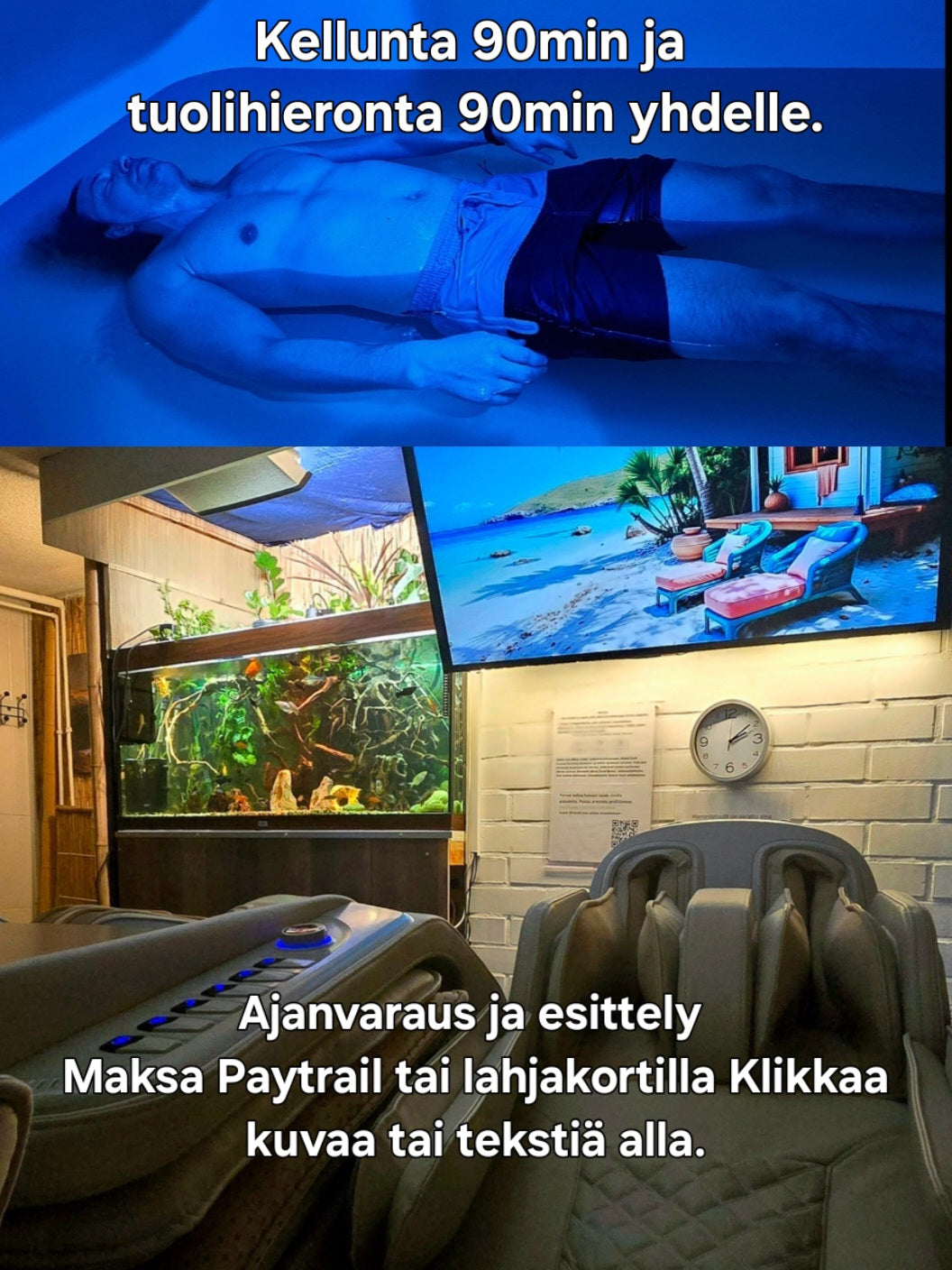1. Varaa Parikellunta kahdelle. Ensin 90min kellunta ja sen jälkeen 90min tuolihieronnat.