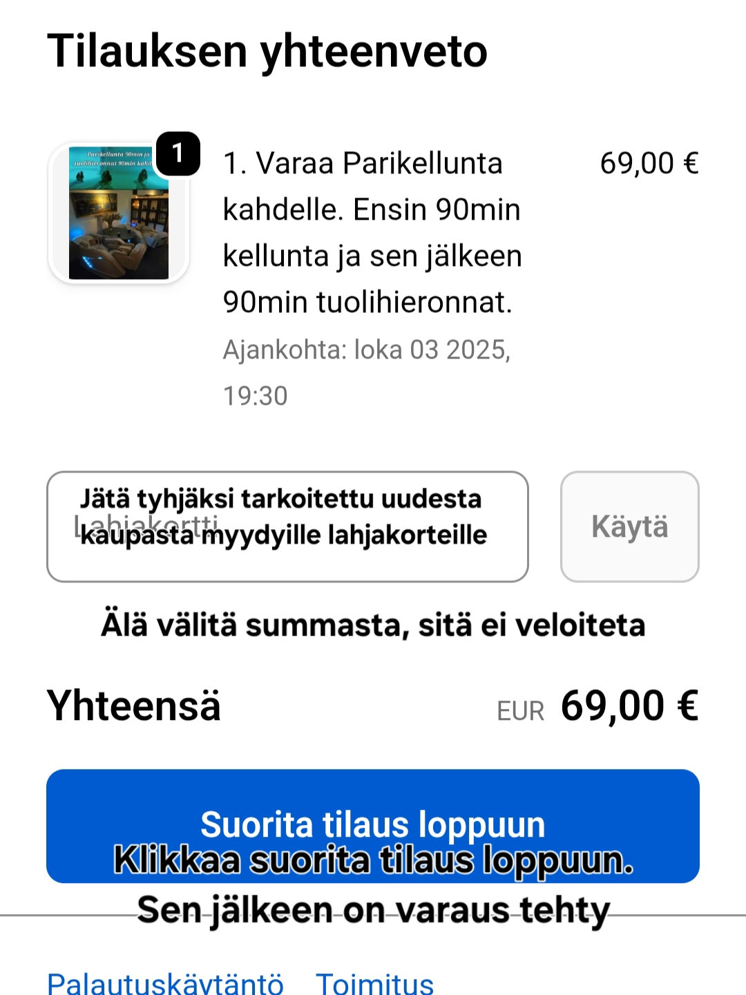 7.  Ohjeet Ajan varaus ennen 9.9.2025
Ostetuille Porvoo Kelluu Lahjakorteille ja Elämyslahjat lahjakorteille.